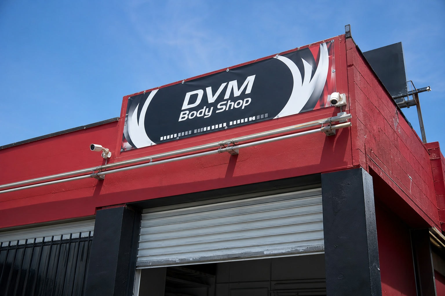 AI photorealistic DVM Body Shop sign and entrance